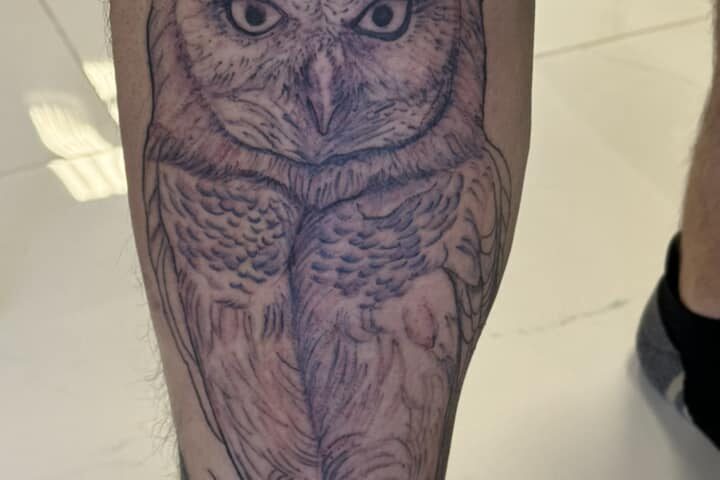 Detailed owl tattoo design featuring realistic shading