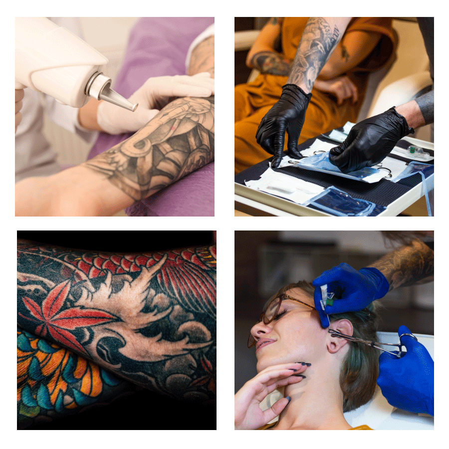 Tattoo artist creating custom tattoo designs and performing professional body piercings in a clean, sterile studio environment in Youngsville, Louisiana