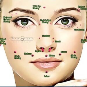 Illustrated facial diagram showing common piercing placement locations for the nose, lips, and cheeks