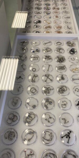 Piercing jewelry display case featuring rings and studs at Inkophilia in Youngsville, Louisiana
