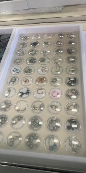 Wall-mounted piercing jewelry displays inside Inkophilia studio