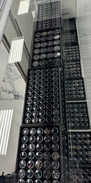 Piercing jewelry storage trays arranged by size and style at Inkophilia