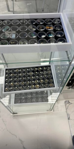 Glass display case showcasing professional piercing jewelry in a clean studio environment