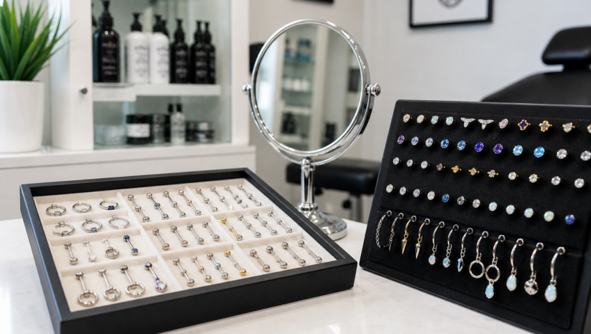 Professional piercing jewelry display in a clean studio in Lafayette LA
